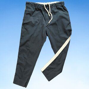 NWOT Bassike Navy Cotton Twill Stripe Detail Drawstring Pants, Sz L/US 8